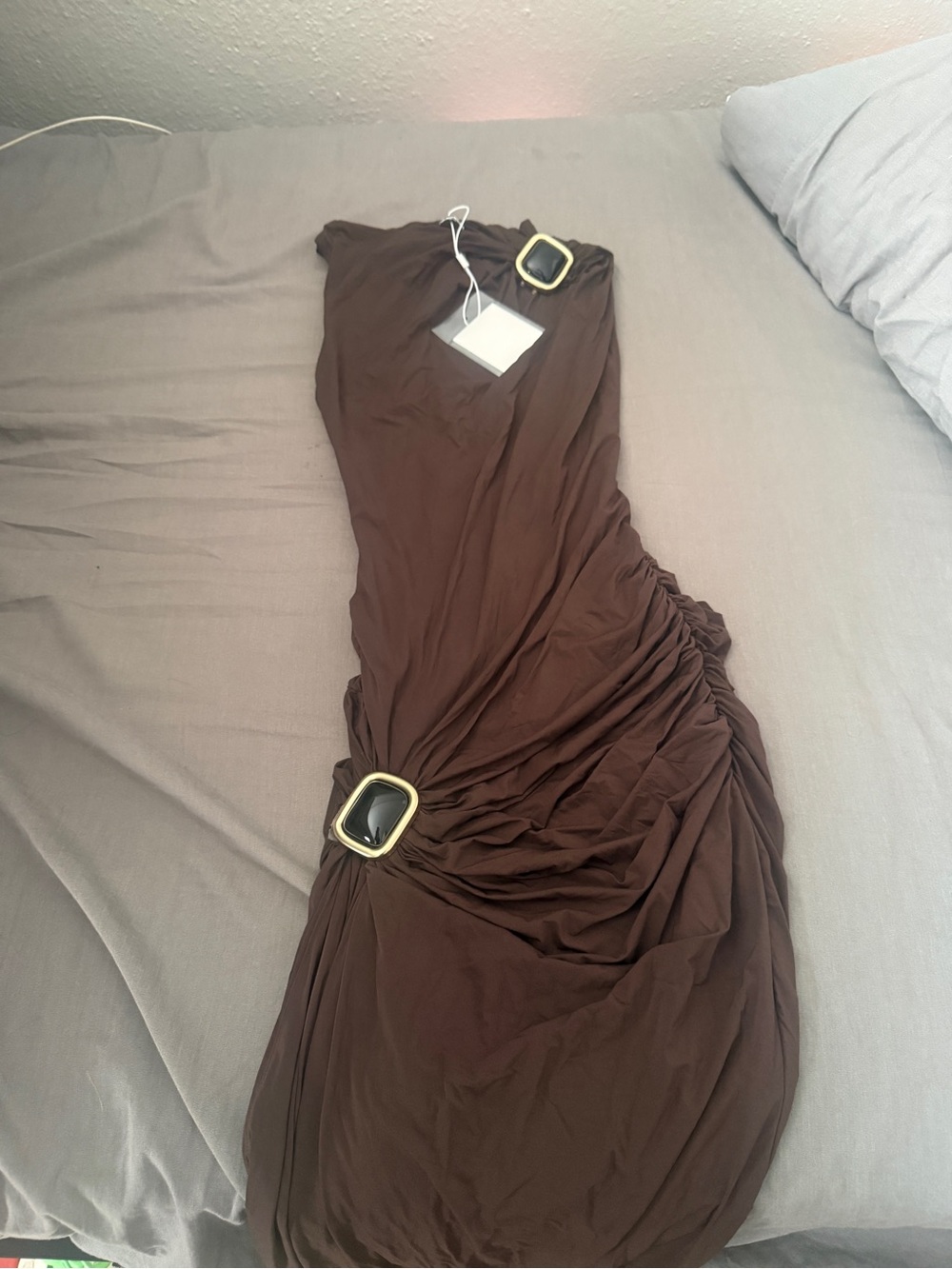 Nordstrom Brown One-Shoulder Ruched Dress with Gold Buckles